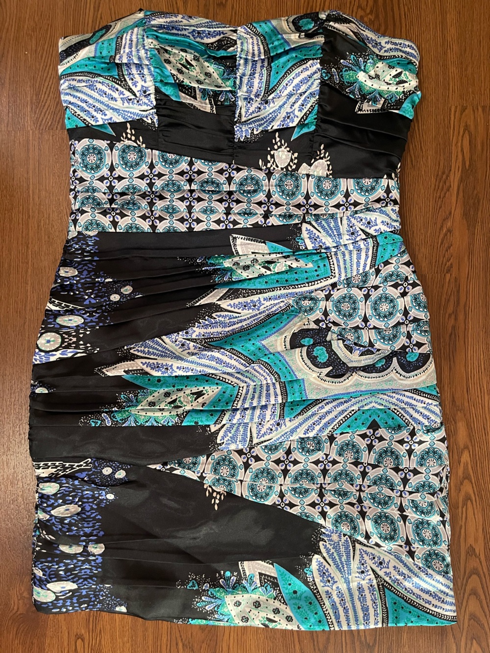 le chateau Strapless Turquoise, Teal & Black Printed Cocktail Dress
